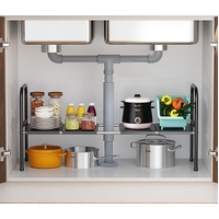 Extendable Storage Rack Under Sink Shelf  Kitchen Organizer black