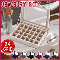 Velvet Jewelry Box Earring Organizer Display Case Storage Holder with 24 Grid - Rose Red