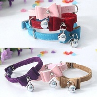 1× Adjustable Suede Cat Collar with Bow Bell Pink Blue Black Red - Red