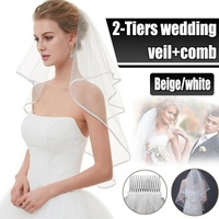 Bridal 2 Layer Wedding Veil with Comb Satin Edge Short Tulle for Women White Ivory - White