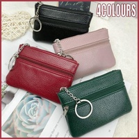 Coin Small Change Bag Card Wallet Pouch Zip Up Women Key Ring Leather Mini Purse - Pink