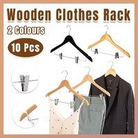 10 Pcs Wooden Non-Slip Wide Shoulder Clothes Hanger with Clip for Hotel Wardrobe - Black