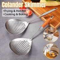 304 Stainless Steel Kitchen Colander Long Handle Noodle Dumpling Strainer Spoon - Yellow wood