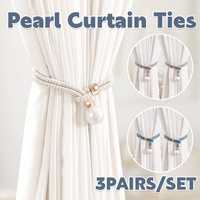 Curtain Tiebacks Pearl Strap Set 3 Pairs Decorative Buckle Holder Rings Hooks - White