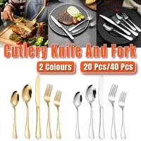 20/40pcs Stainless Steel Cutlery Set Knife Fork Spoon Western Hotel Tableware - Golden-20pcs