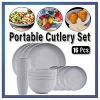 16pcs Wheat Straw Plates Bowls Cups Set Outdoor Tableware Set