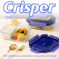 Glass Food Storage Container 1040ml Lunch Bento Box with Lid for Kitchen Prep
