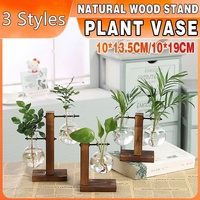 Wooden Stand Glass Flower Vase Hydroponic Hanging Plant Terrarium Container - C