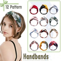 Women Chiffon Floral Print Headband Fashion Bohemian Elastic Cross Hair Bands - Pink