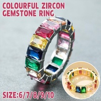 Rainbow Zircon Gemstone Ring Women's Stainless Steel Colourful Ring Size 6-10 - Silver-Multicolor-9