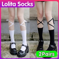 Cross-Tie Women Lolita Socks Bandage Stockings Korean Style Middle Tube Socks - White+White
