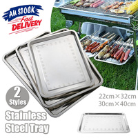 2X Stainless Steel Oblong Tray Plate Serving Tray Silver Dinner Food Kitchenware - 30X40CM