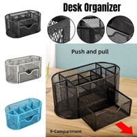 Creative Metal Desktop Pen Holder Multi-function Storage Box Organizer Rack - Grey