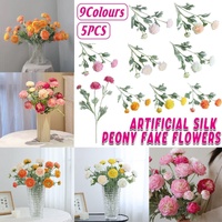 5pcs Artificial Peony Silk Flowers Bouquet Decor Faux Floral Arrangements - Champagne