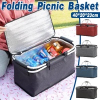 Folding Picnic Basket Insulated Cooler Bag Portable Outdoor Grocery Storage - Navy