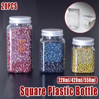 20pcs Square Transparent Plastic Bottle with Aluminum Cap Sealed Jar for Food - 550ml