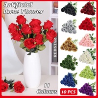 10pcs Artificial Silk Simulation Rose Flowers - Wedding Party Home Decorations - Silver