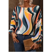 Azura Exchange Wavy Striped Boat Neck Puff Sleeve Blouse - M