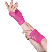 24 Pair Fishnet Gloves Fingerless Wrist Length 70s 80s Costume Party - Hot Pink