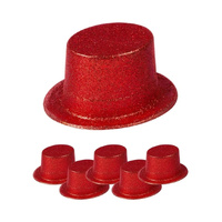 6x GLITTER TOP HAT Fancy Party Plastic Costume Tall Cap Fun Dress Up BULK - Red - One Size