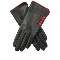 Dents Womens Leather Gloves w/ Button Detail Piped Cuff & Silk Feel Lining - Black/Berry - Large