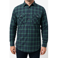 Mens Flannelette Long Sleeve Pullover Shirt 100% Cotton Flannel - Half Placket - Green/Navy - L