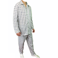 Mens Cotton Pajamas Pyjamas PJs Long Sleeve Shirt Tops + Pants Set Sleepwear - White/Blue - L