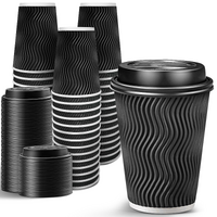 360x Triple Wall Paper Coffee Cups w/Lids (12oz) Disposable Takeaway Bulk in Black