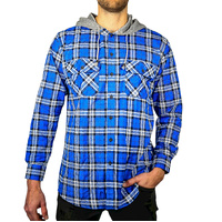 Mens Cotton Flannelette Shirt w Jersey Hood Long Sleeve Flannel - Spanish Blue - 6XL