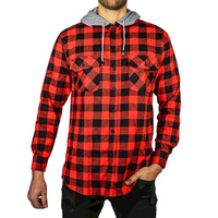 Mens Cotton Flannelette Shirt w Jersey Hood Long Sleeve Flannel - Red/Black - 6XL
