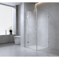 90x80cm Corner Frameless Shower Screen with Gunmetal Brackets and Brass Hinges, Square Knob Handle