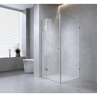 110x80cm Corner Frameless Shower Screen with Nickel Brackets and Brass Hinges, Round Handle