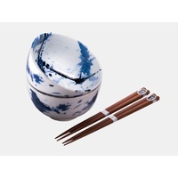 Bowl Set 2pcs with Chopsticks Blue White Splash Design