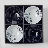 Bowl Set 4pcs Black White Sakura Design
