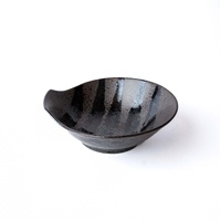 Bowl with Handle 13cm Black Stripes On Gunmetal Glaze