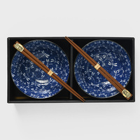 Bowl Set 2pcs with Chopsticks Indigo Dragonfly Design
