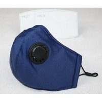 Reusable Cotton Cloth Face Mask w 2 PM2.5 Filters Adjustable w Breathing Valve 3Ply Blue