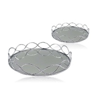 Set 2 Round Silver Mirror Tray 30cm