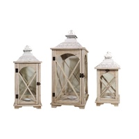 Set 3 Natural Wooden Lantern w White Metal Top 75cm