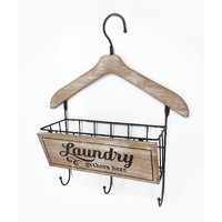Wooden Laundry Hanger W Basket & 3 Hooks 40x48cm