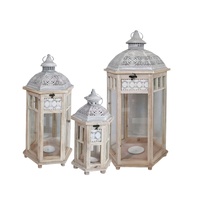 Set 3 Wooden Lantern w White Metal Top 76cm