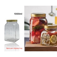 bulk 18 Glass Square Jar w Gold Metal Lid 1000ml