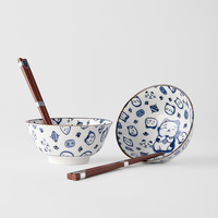 Bowl Set 2pcs with Chopsticks Maneki Cat Blue Design