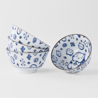 Bowl Set 4pcs Maneki Cat Blue Design