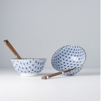 Bowl Set 2pcs with Chopsticks Starburst Blue Design