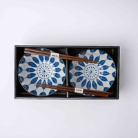 Bowl Set 2pcs with Chopsticks Indigo Sunflower Design