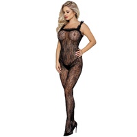 Black Open-crotch Floral Bodystocking with Ruffles by My Secret Drawer 