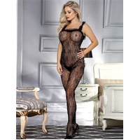 Black Open-crotch Floral Bodystocking with Ruffles by My Secret Drawer  - S