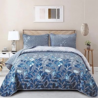 Blue Garden Coverlet Set with Quilted Floral Pattern and Pillowcases