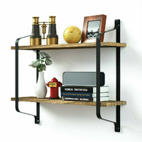2 Layer Wood Wall Shelves Home Decor Floating Shelf Metal Hanging Storage Rack